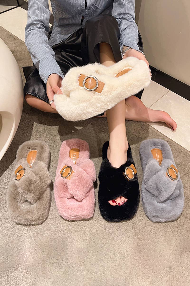 BUCKLE DECOR CRISS CROSS FLUFFY BEDROOM SLIPPERS_CWSHS0224