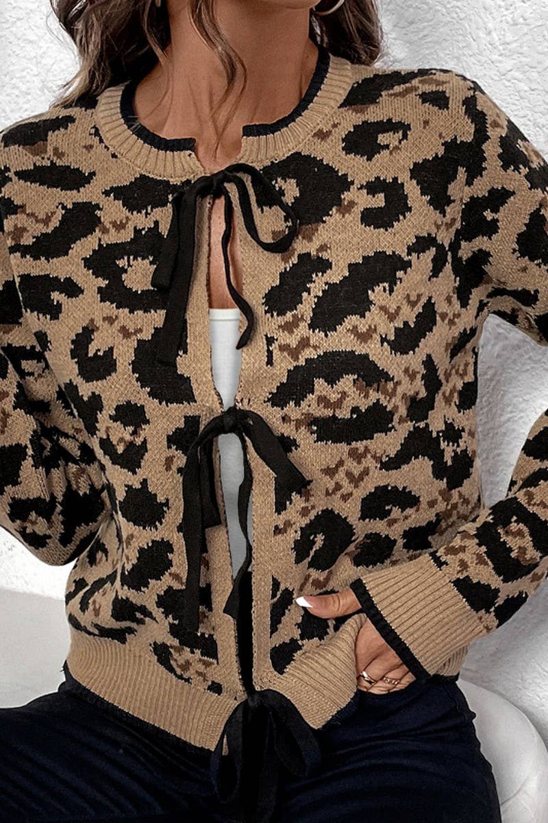 CWOCAL1557_LEOPARD PRINT BOW TIE KNITTED SWEATER CARDIGAN