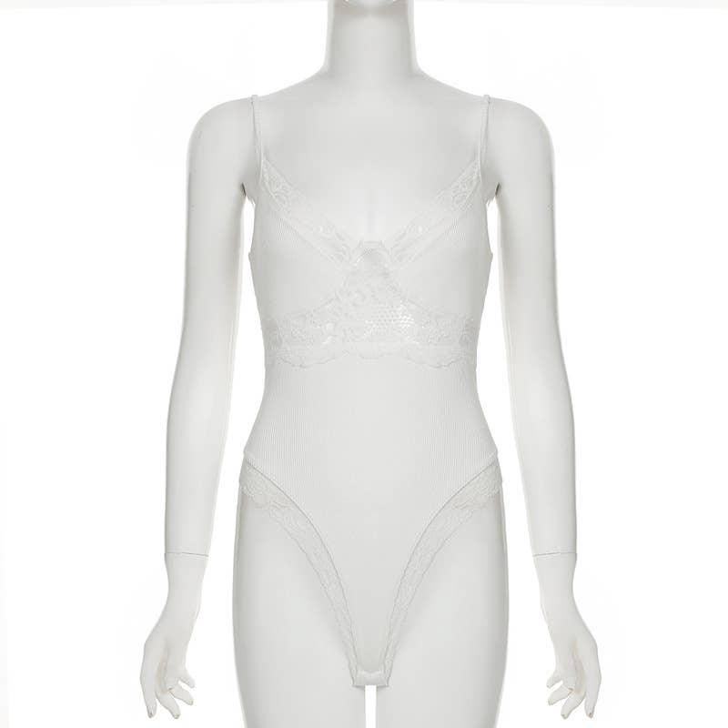 Lace patchwork bust solid color strap jumpsuit