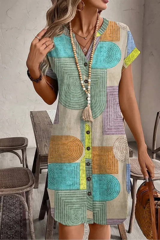 CWDSD8107_SUMMER PRINT ELEGANT V NECK BUTTON DRESS