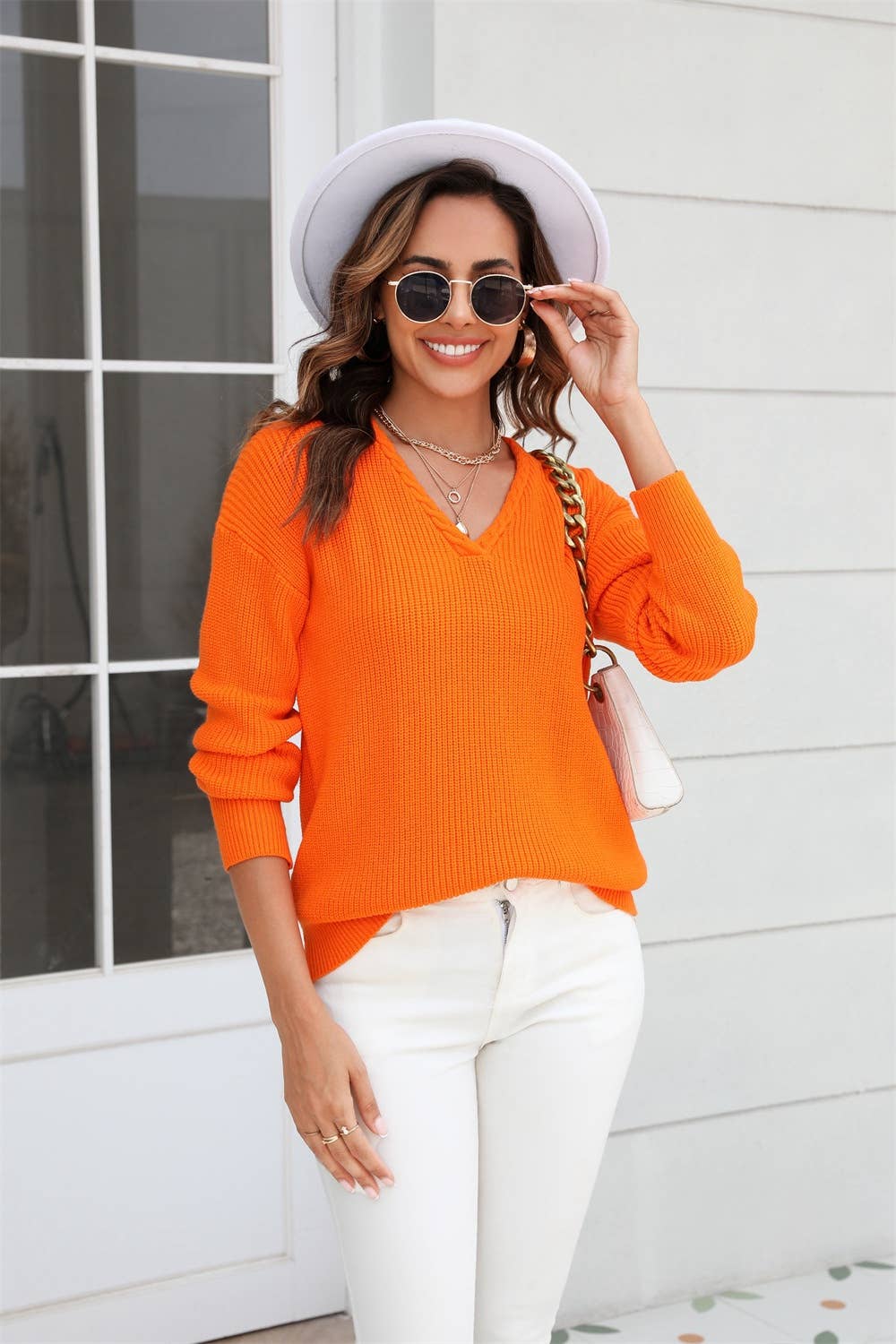 CWOSWL1034_ Long Sleeve V-neck Pullover Sweater