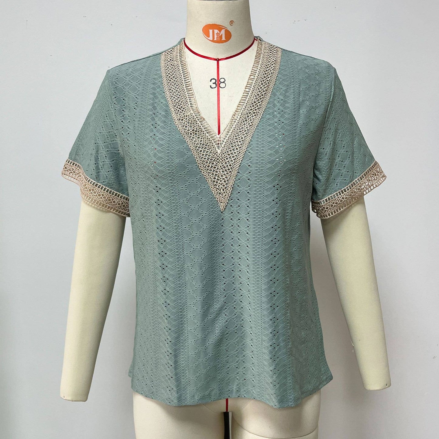 V-neck lace patchwork solid short sleeve top