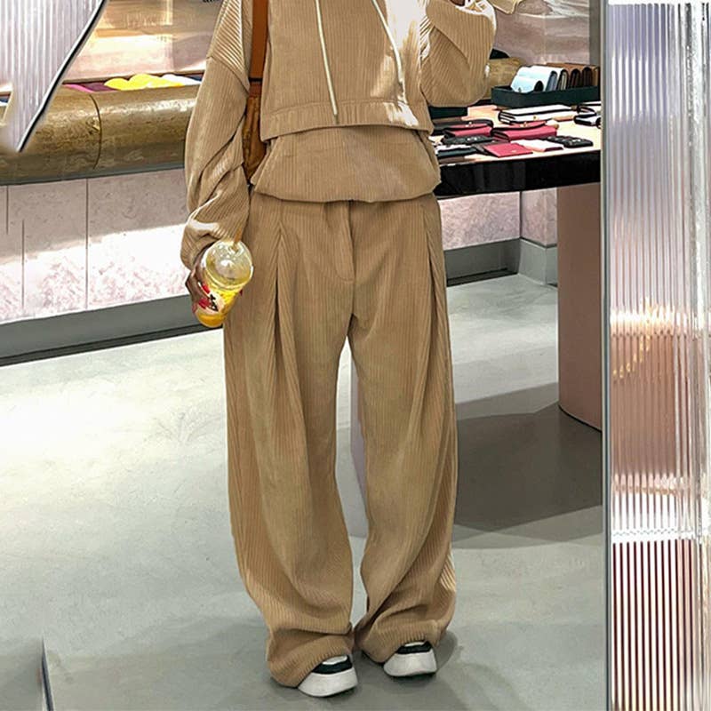 SOLID COLOR CORDUROY HIGH WAISTED CASUAL PANTS