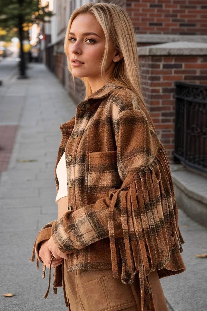 CWOCO1273_VINTAGE PLAID SLEEVES WITH SIDE FRINGE LONG SLEEVE