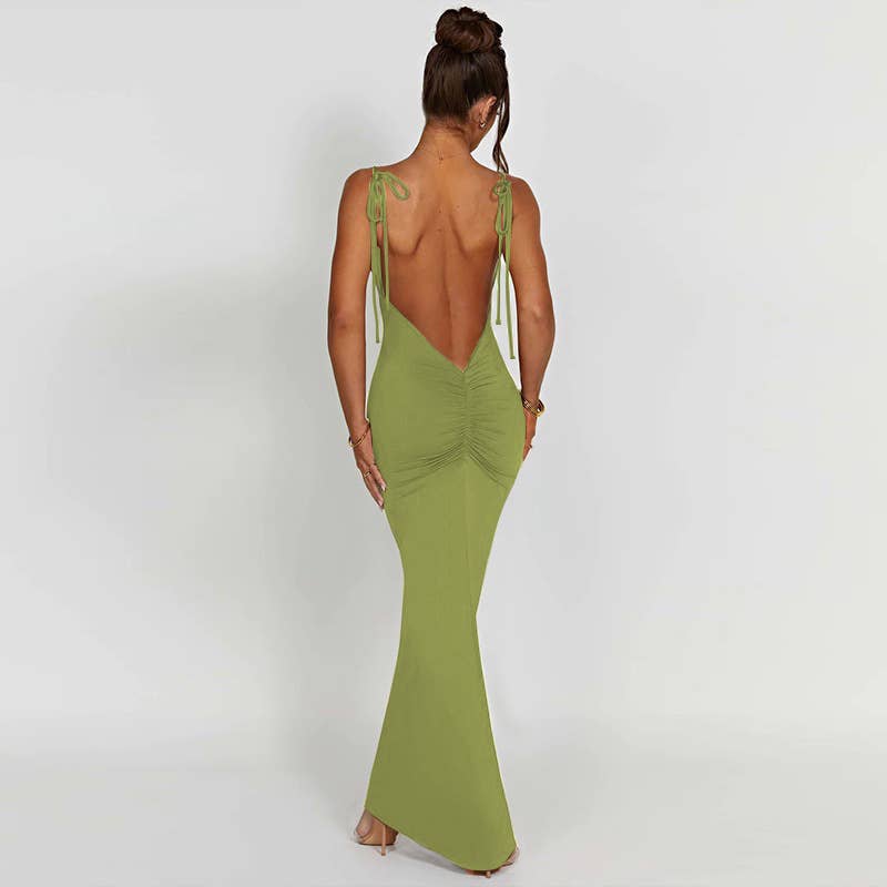 SEXY BACKLESS PLEATED SLIM HALTER DRESS