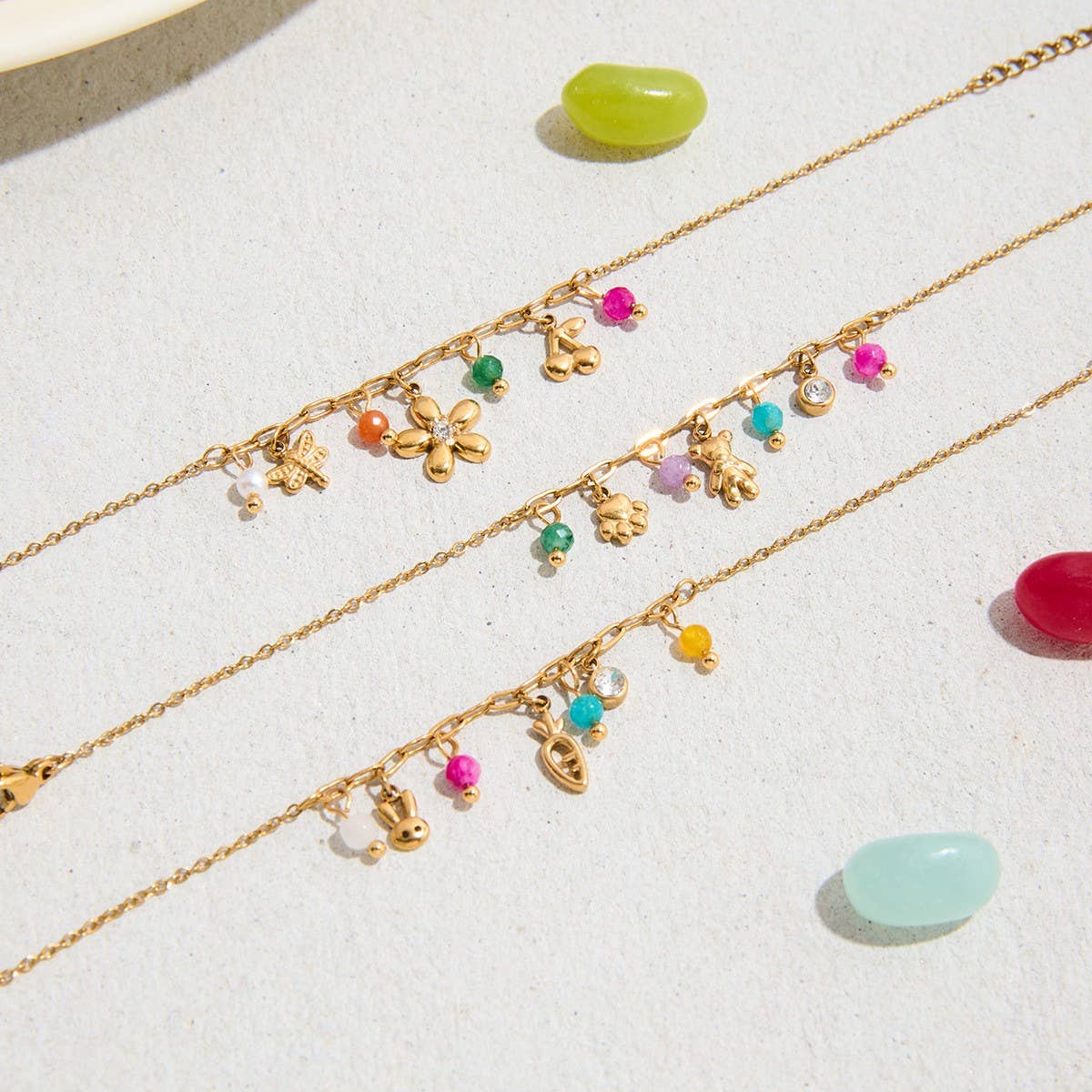 Sweet 18K Gold Puppy Paw & Bear Charm Bracelet