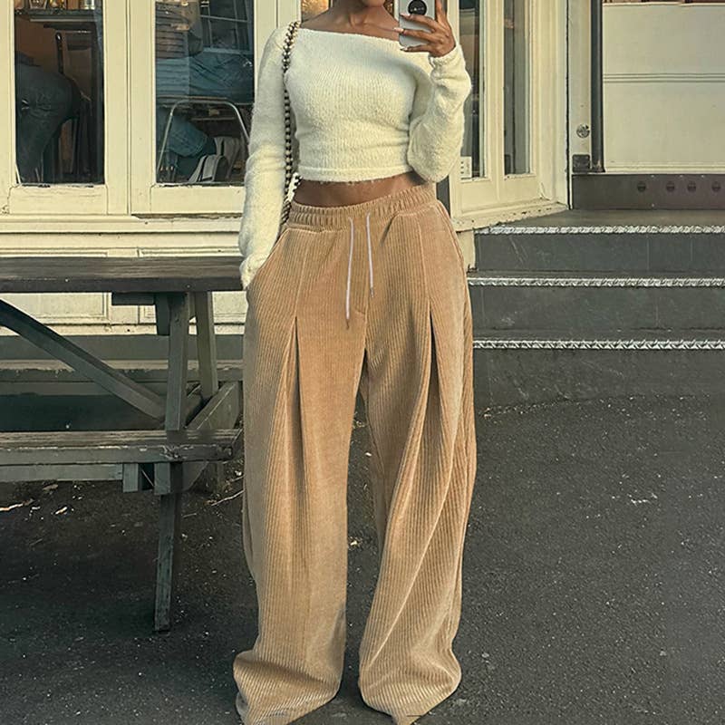 SOLID COLOR CORDUROY HIGH WAISTED CASUAL PANTS