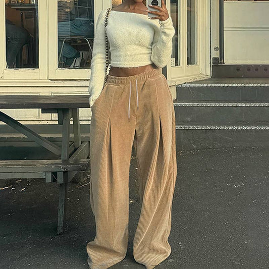 SOLID COLOR CORDUROY HIGH WAISTED CASUAL PANTS