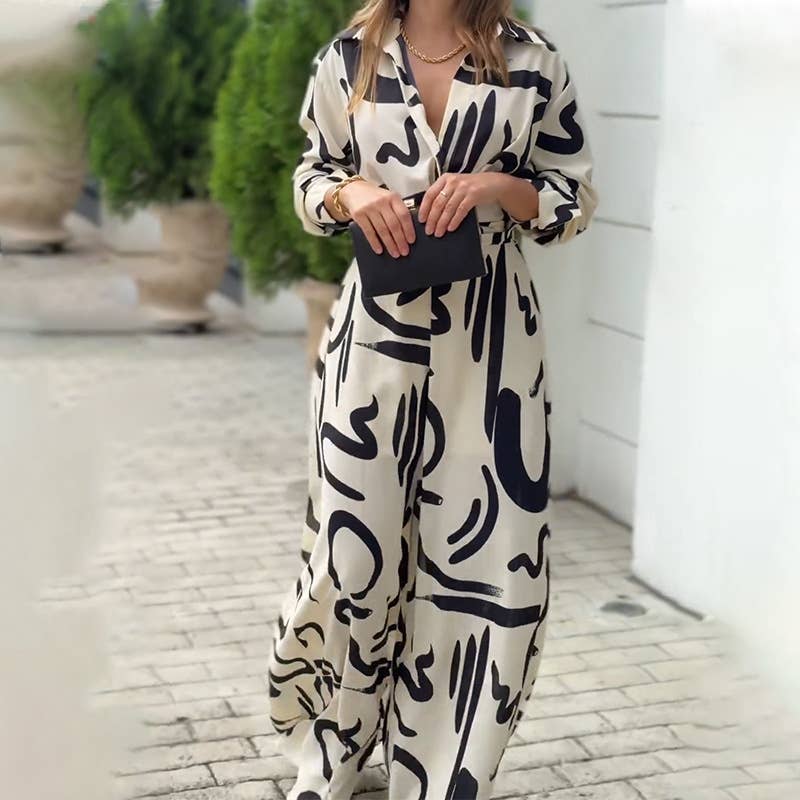 STYLISH CASUAL PRINT LAPEL BAGGY JUMPSUIT