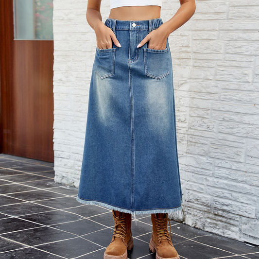 Women??¢s Washed Denim Midi Skirt with Raw Hem_CWJSK0199