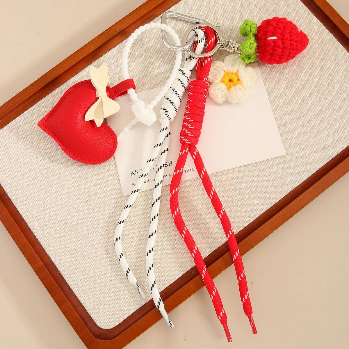 Strawberry Bow Keychain with Heart & Floral Charm_CWMM7623