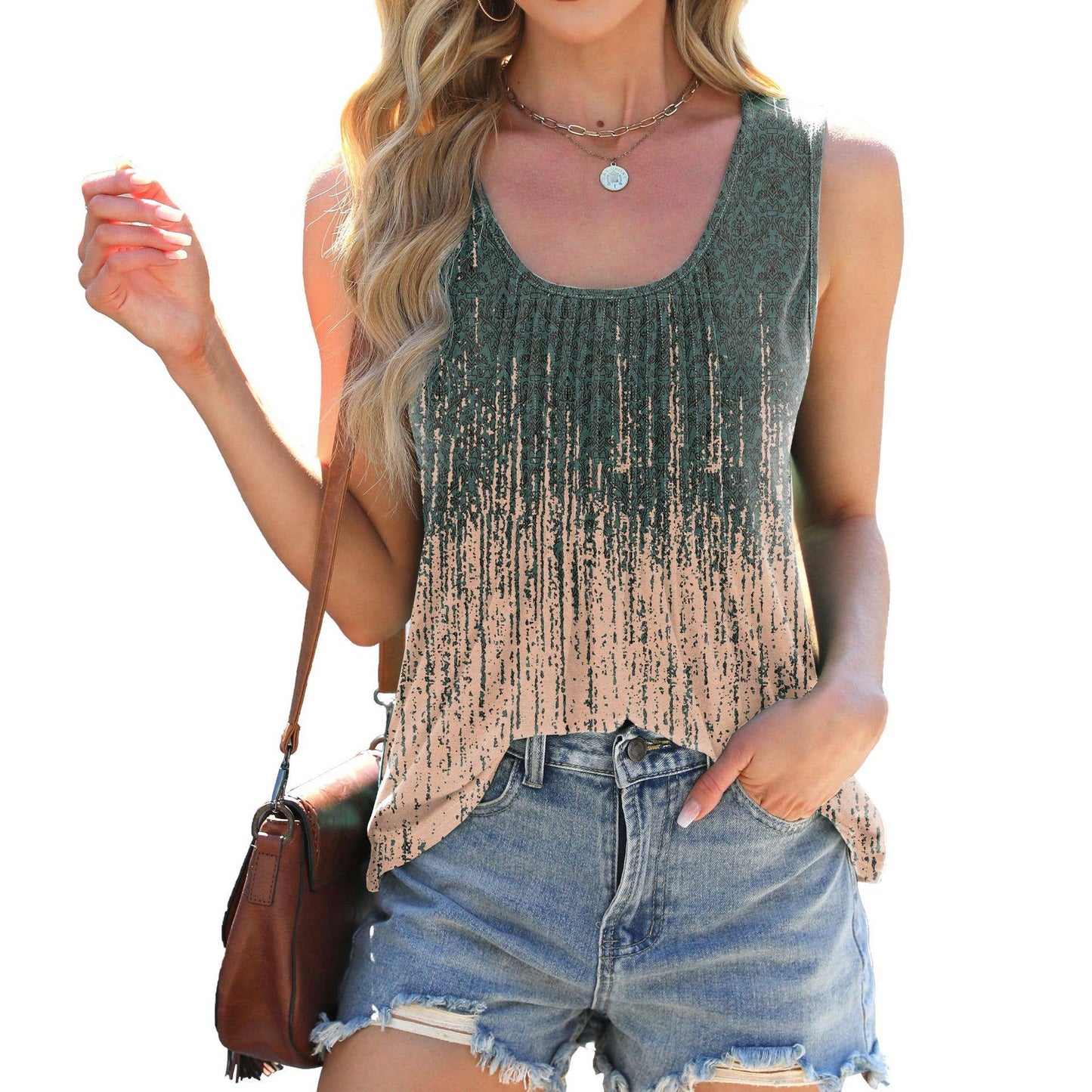 Round neck tie-dye printed sleeveless T-shirt