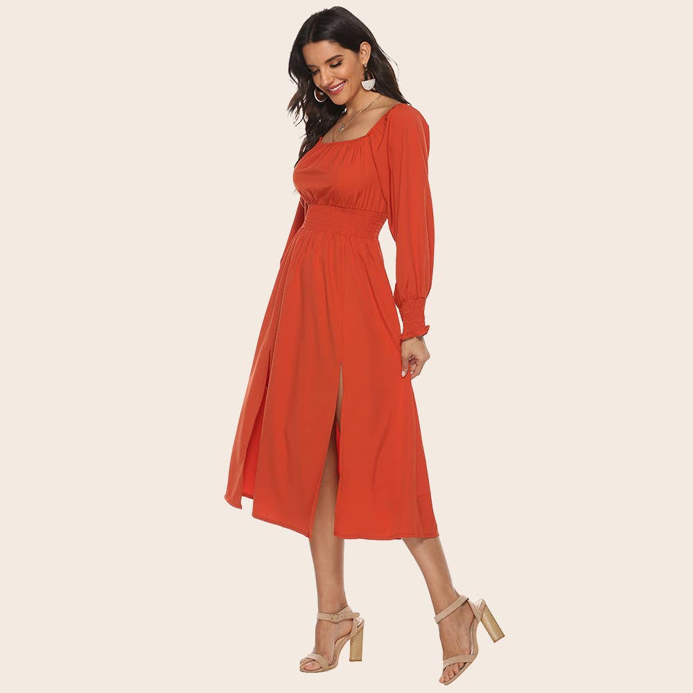 Fashion square collar waist long-sleeved dress