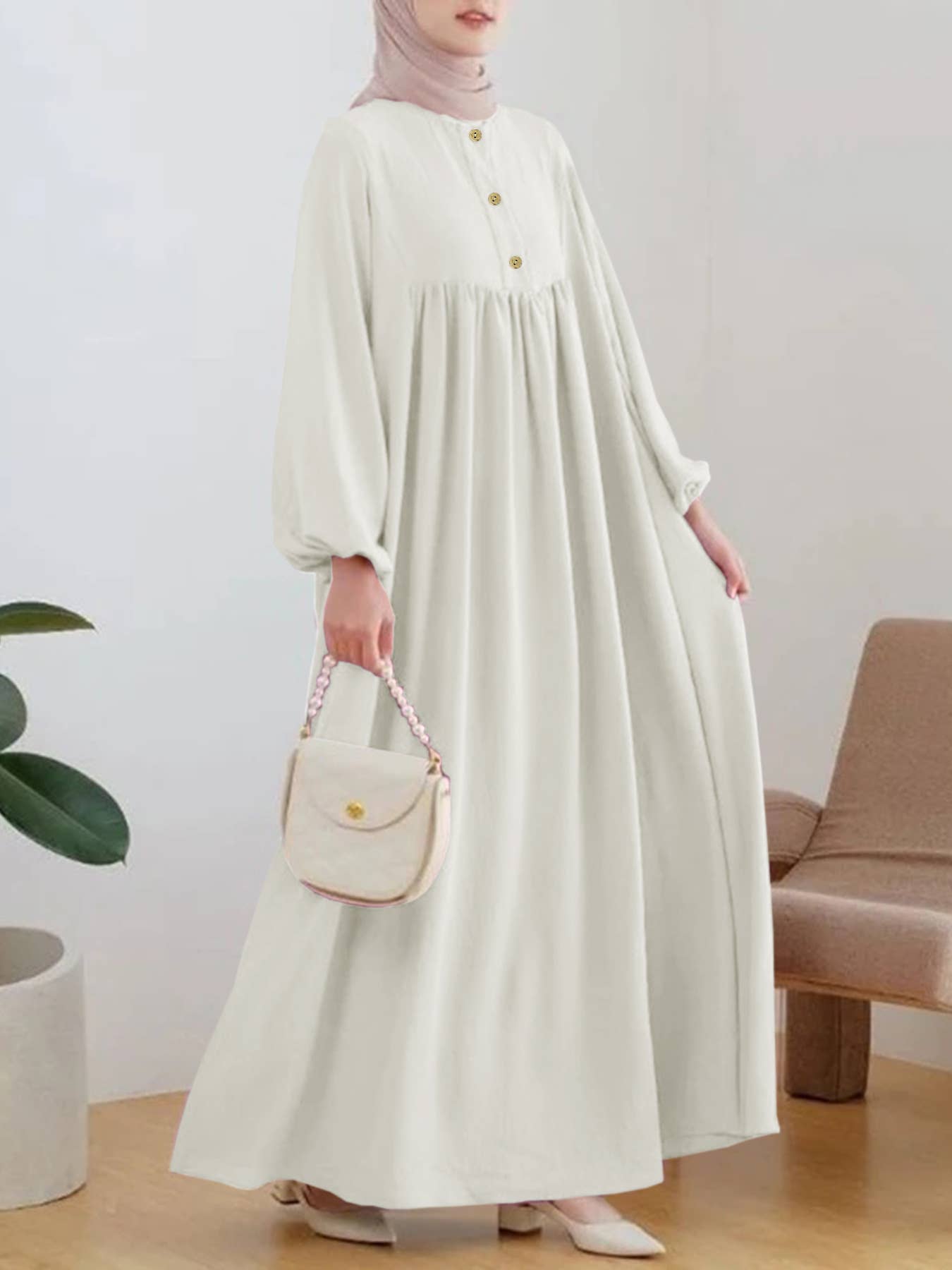 Fashion puffed-sleeve loose solid-color dress