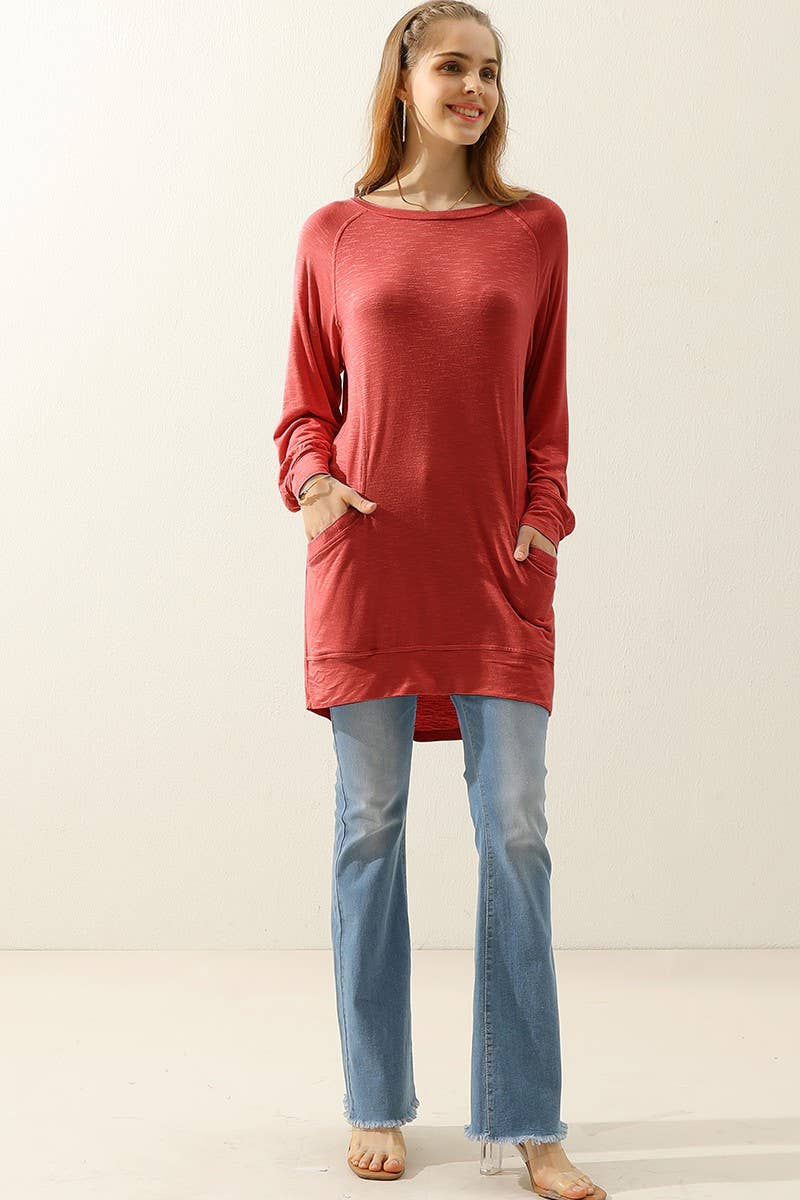Cwttl1491_R Neck Long Sleeve Slub Long Knit Top With Pockets
