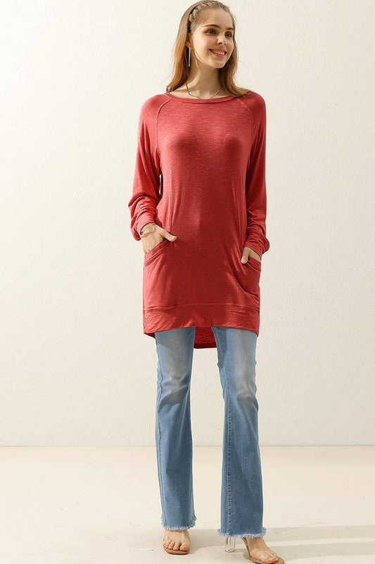 Cwttl1491_R Neck Long Sleeve Slub Long Knit Top With Pockets