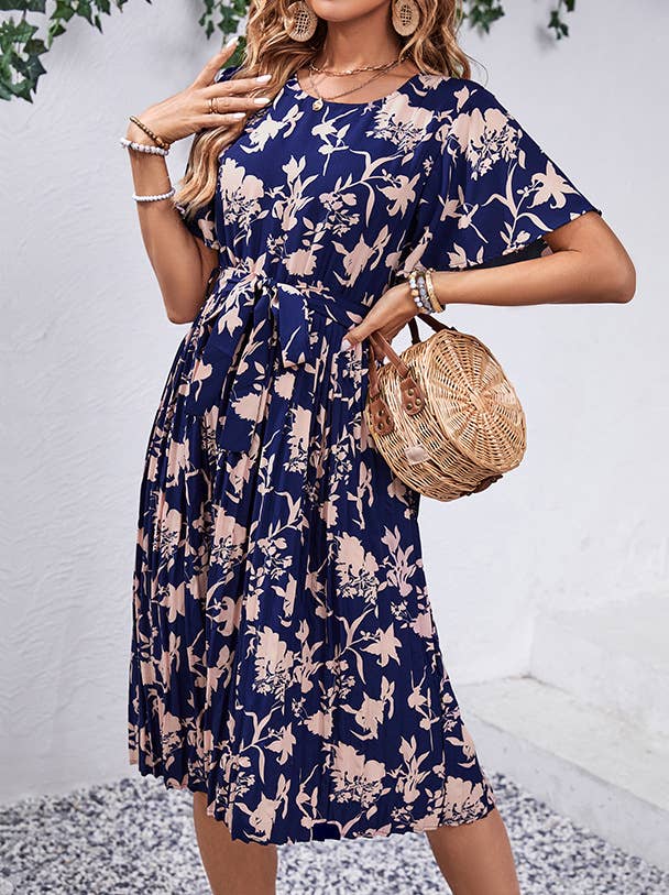 SUMMER CREW-NECK SHORT-SLEEVED PRINTED DRESS