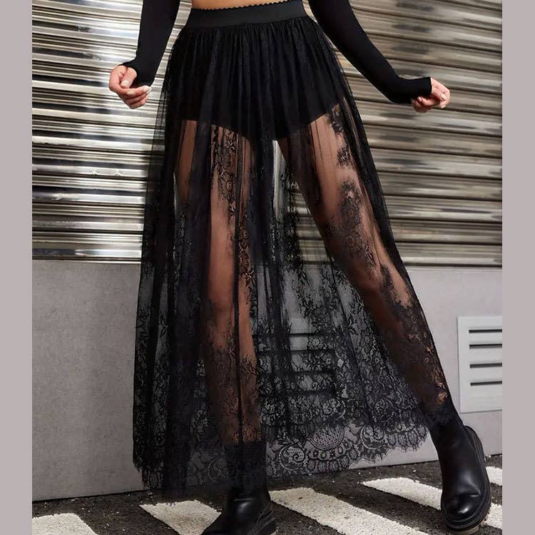 Dark Gothic lace see-through high-waisted skirt