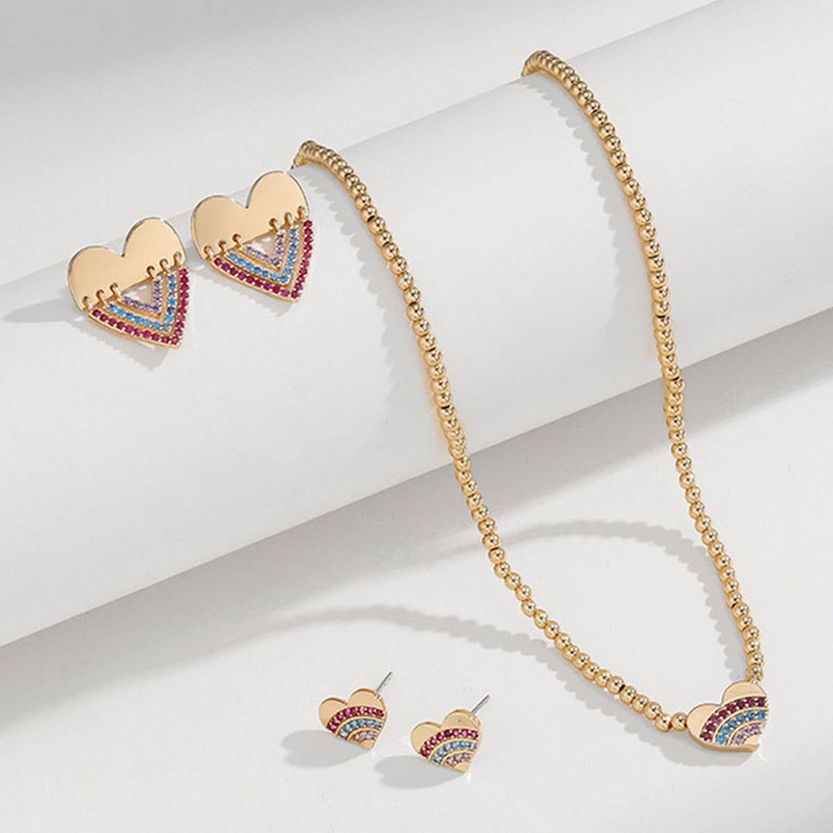 FASHION HEART COLOR DIAMOND NECKLACE EARRING SET_CWAJE2848