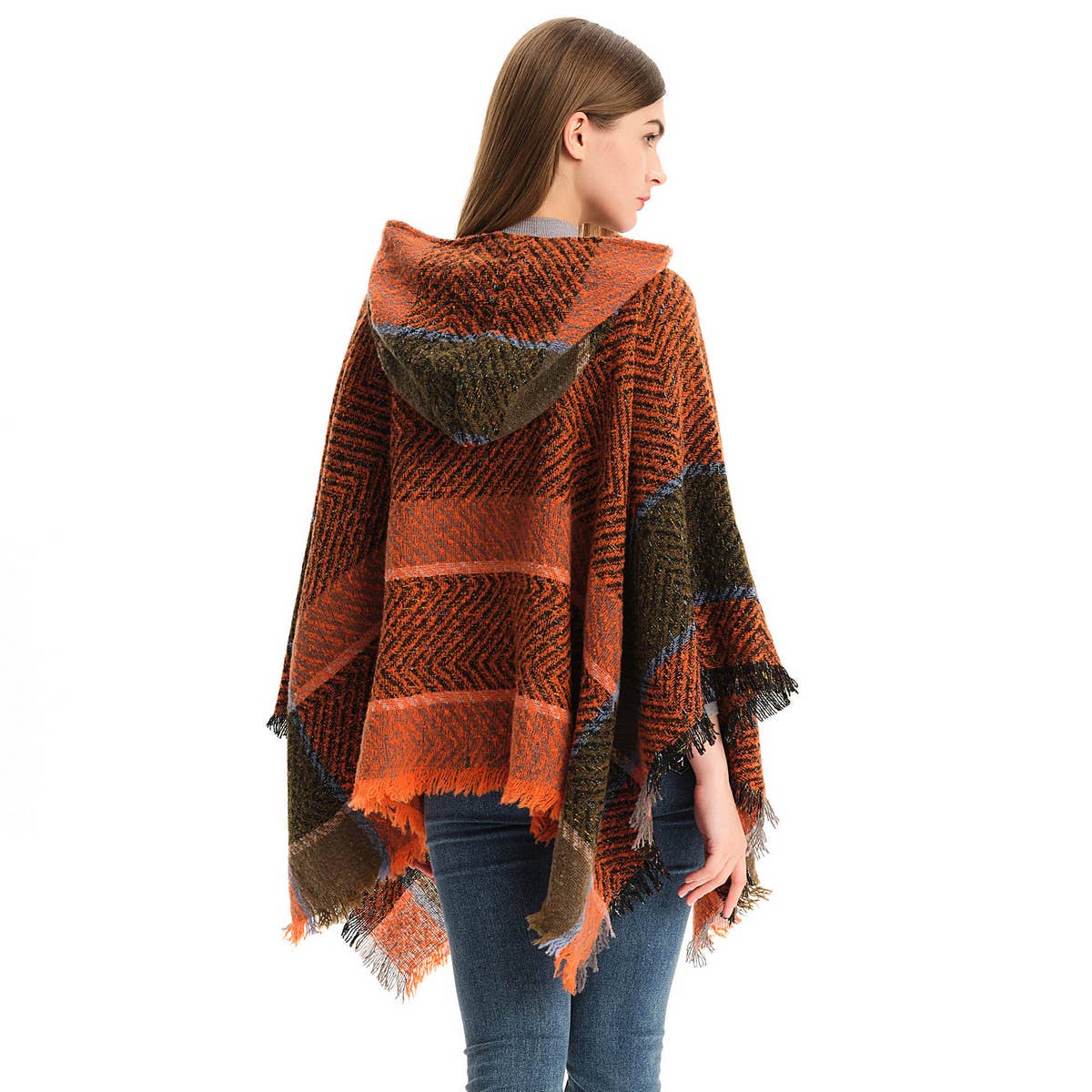 WOMEN HERRINGBONE PATTERN HOODED SHAWL