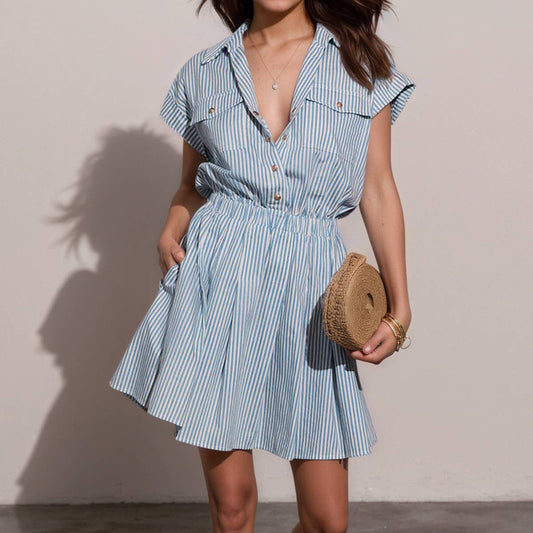 Striped lapel shirt, waist-cinching short dress