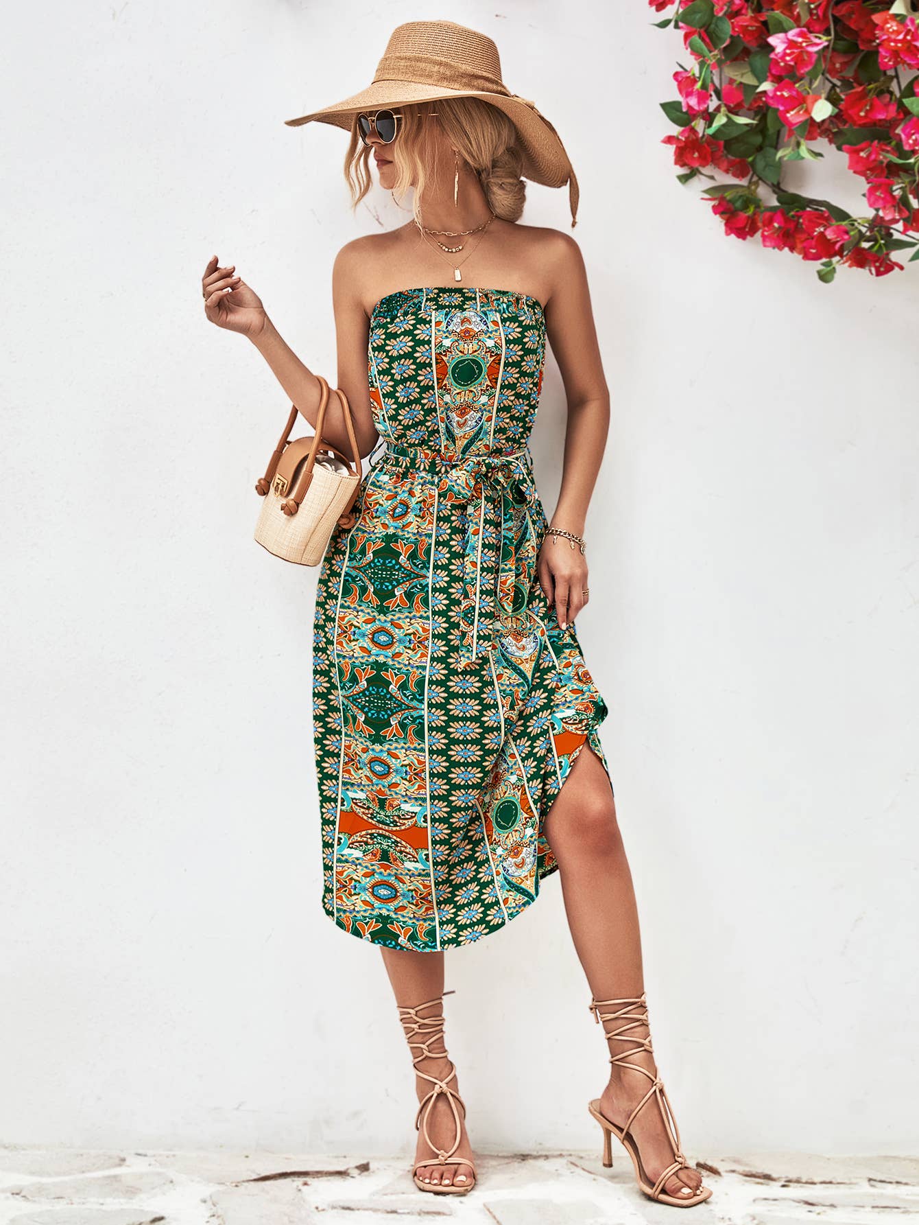 Ethnic print top top lace-up long hip wrap dress