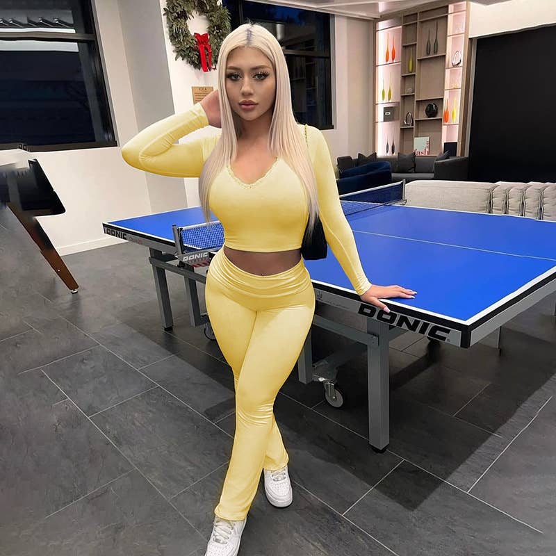 Simple casual solid color patchwork lace V-neck suit