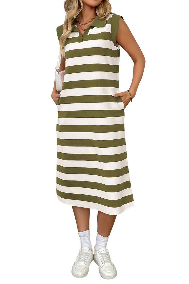 CWDMD4896_SUMMER STRIPED POCKET LAPEL SLEEVELESS LONG DRESS