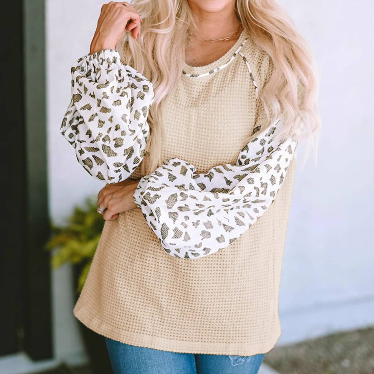 LEOPARD PRINT PATCHWORK CASUAL WAFFLE JUMPER