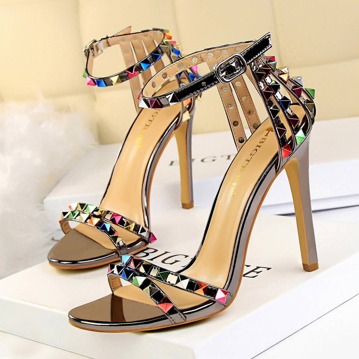 WOMEN STILETTO OPEN TOE STUDDED HIGH HEELS