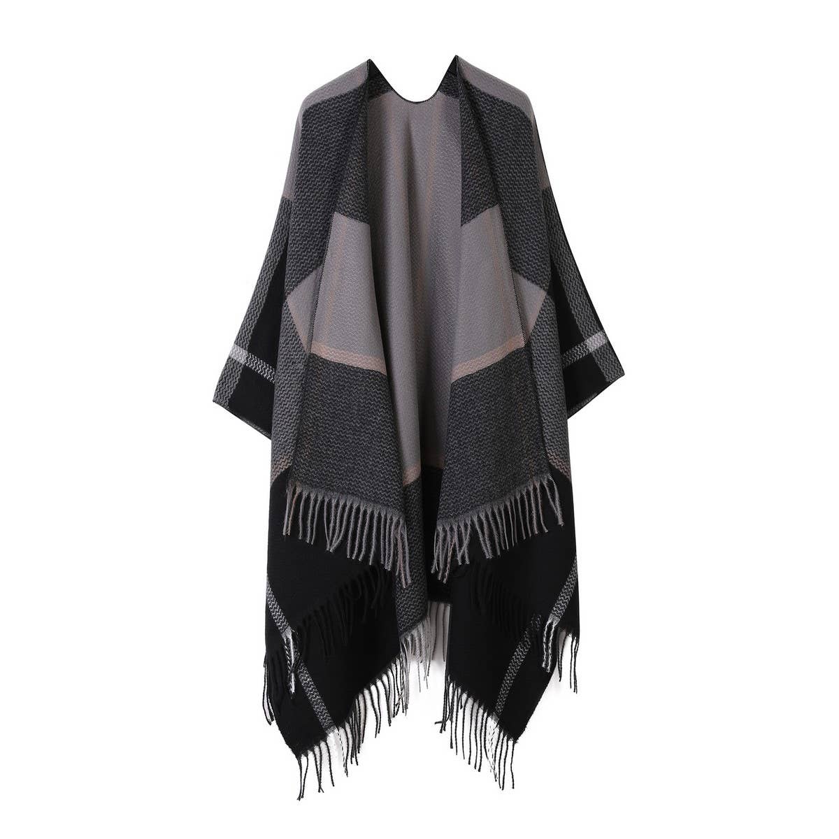 FRINGED SHAWL PLAID SCARF FAUX CASHMERE SLIT CAPE
