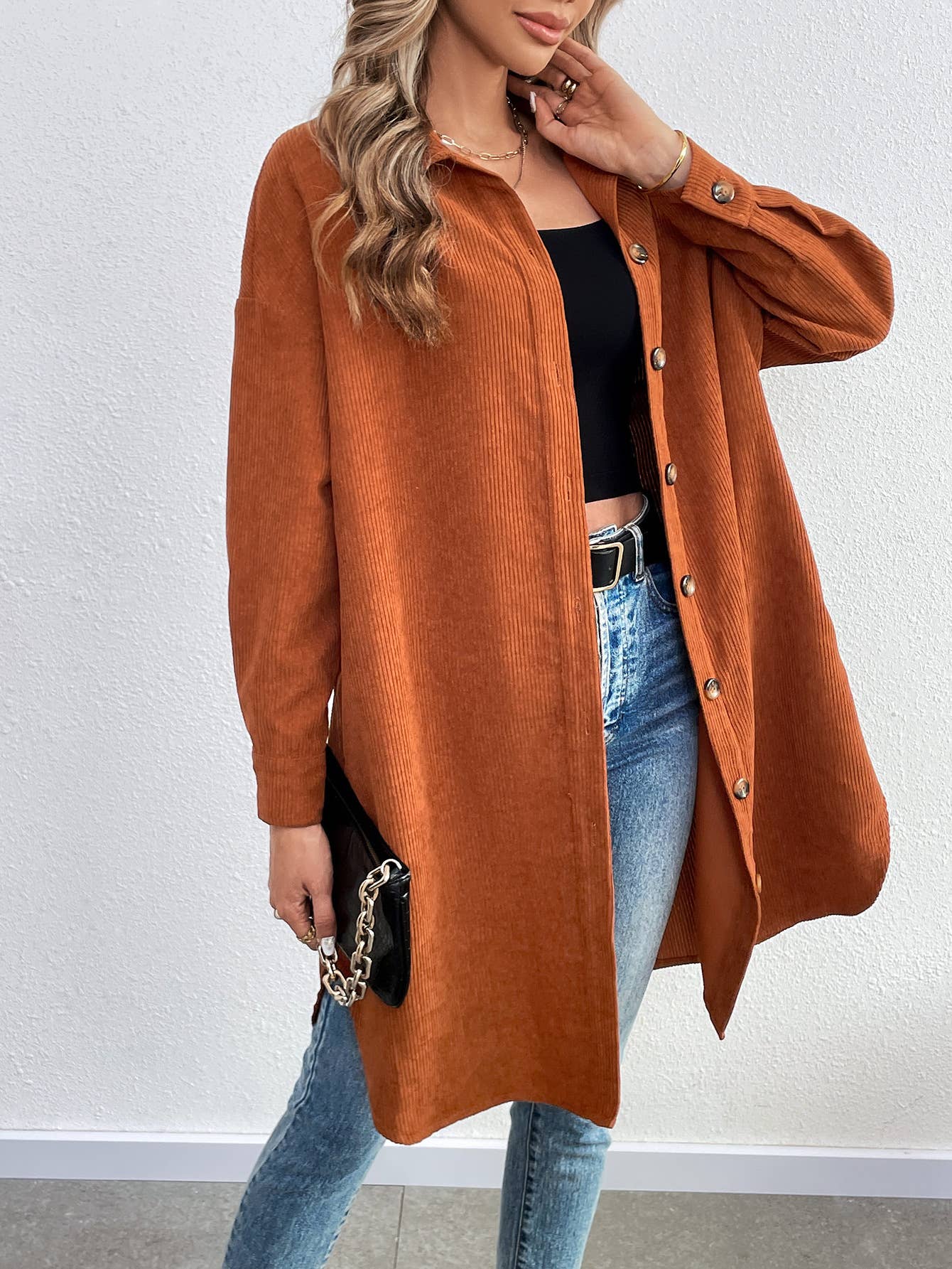 LONG SLEEVE SINGLE BREASTED CORDUROY LONG CARDIGAN