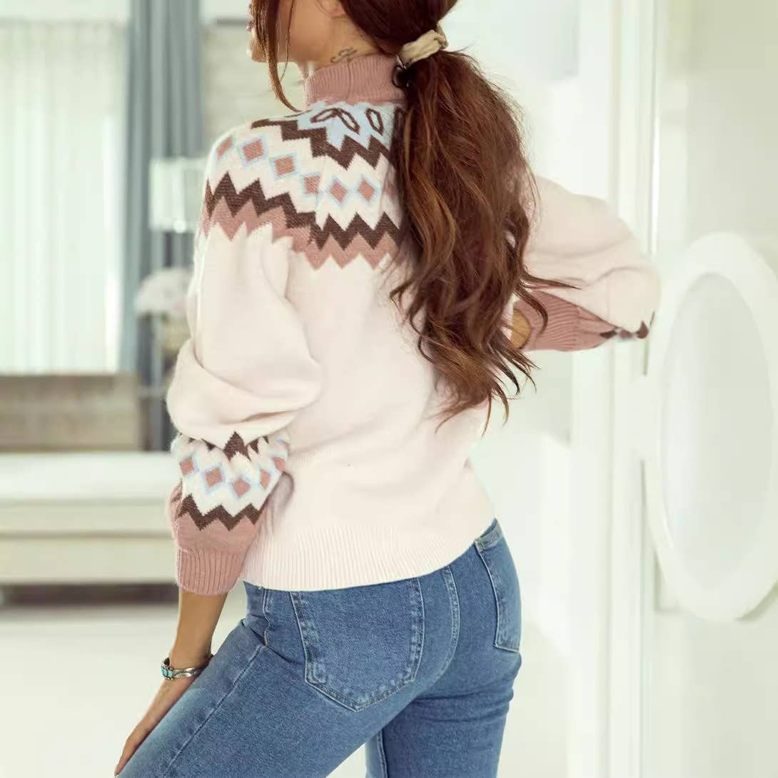 Turtleneck pullover geometric print basic sweater for women
