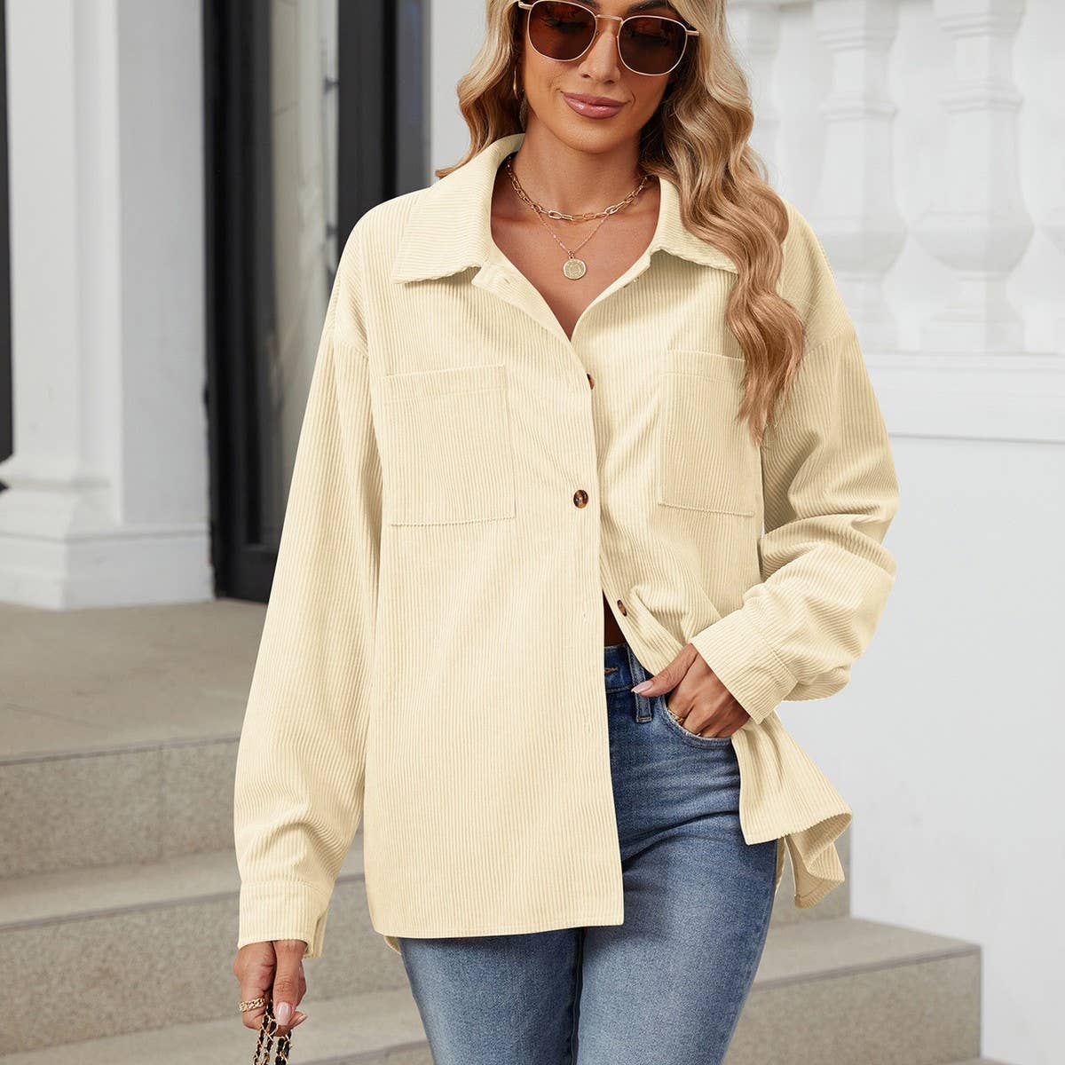 Lapel button solid color patchwork shirt jacket