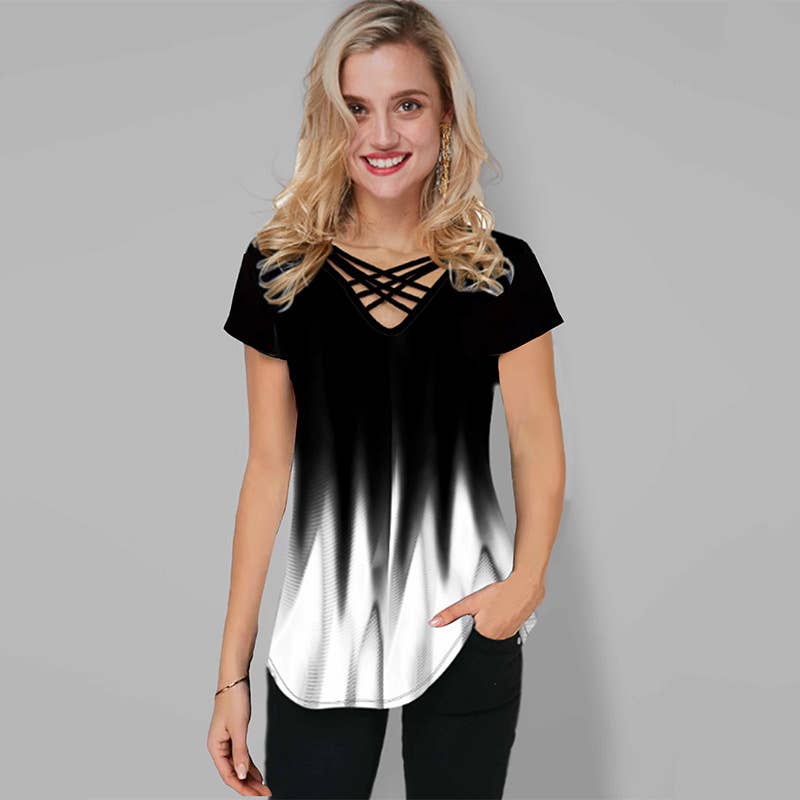 Temperament short sleeve V-neck loose T-shirt