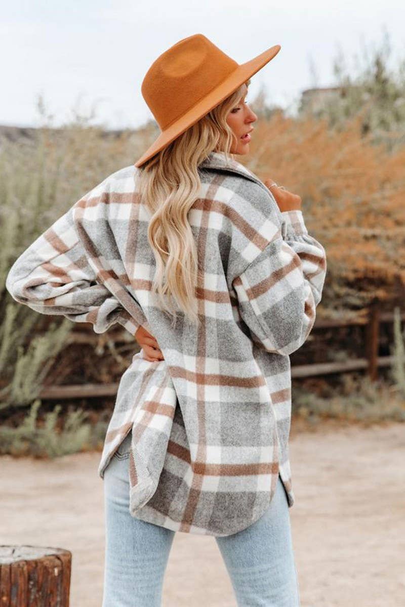 CWOCO0938_LONG-SLEEVED LAPEL LOOSE PLAID THICKENED COAT