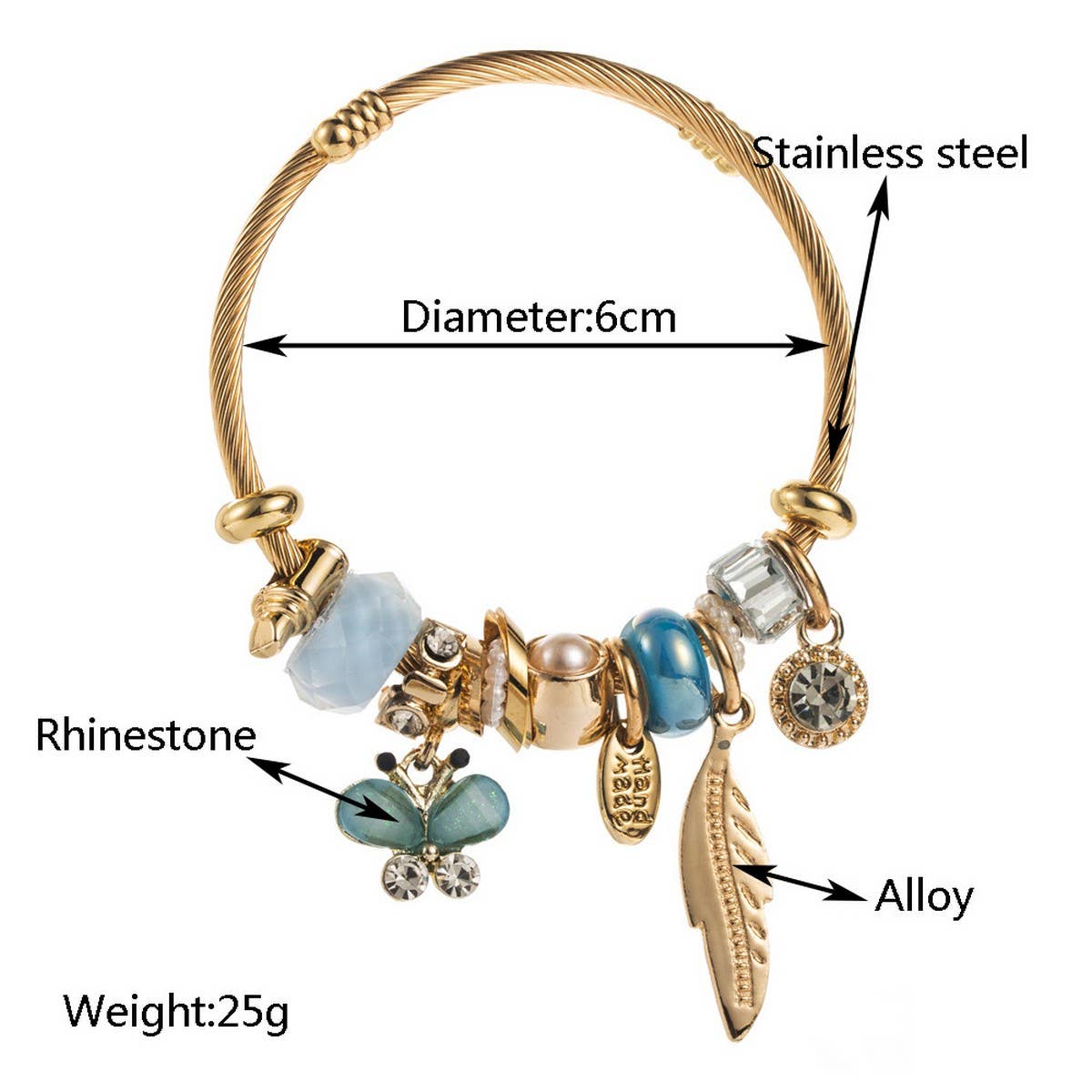 Beaded Steel Bracelet with Leaf & Butterfly_CWMM8618