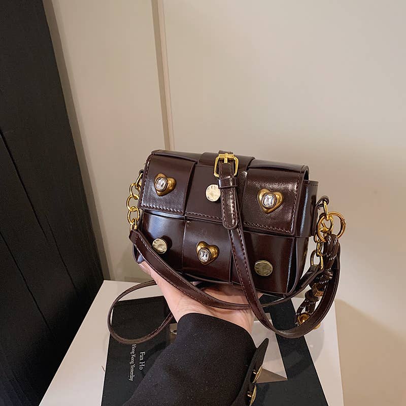 Fashionable spliced crossbody riveted square bag