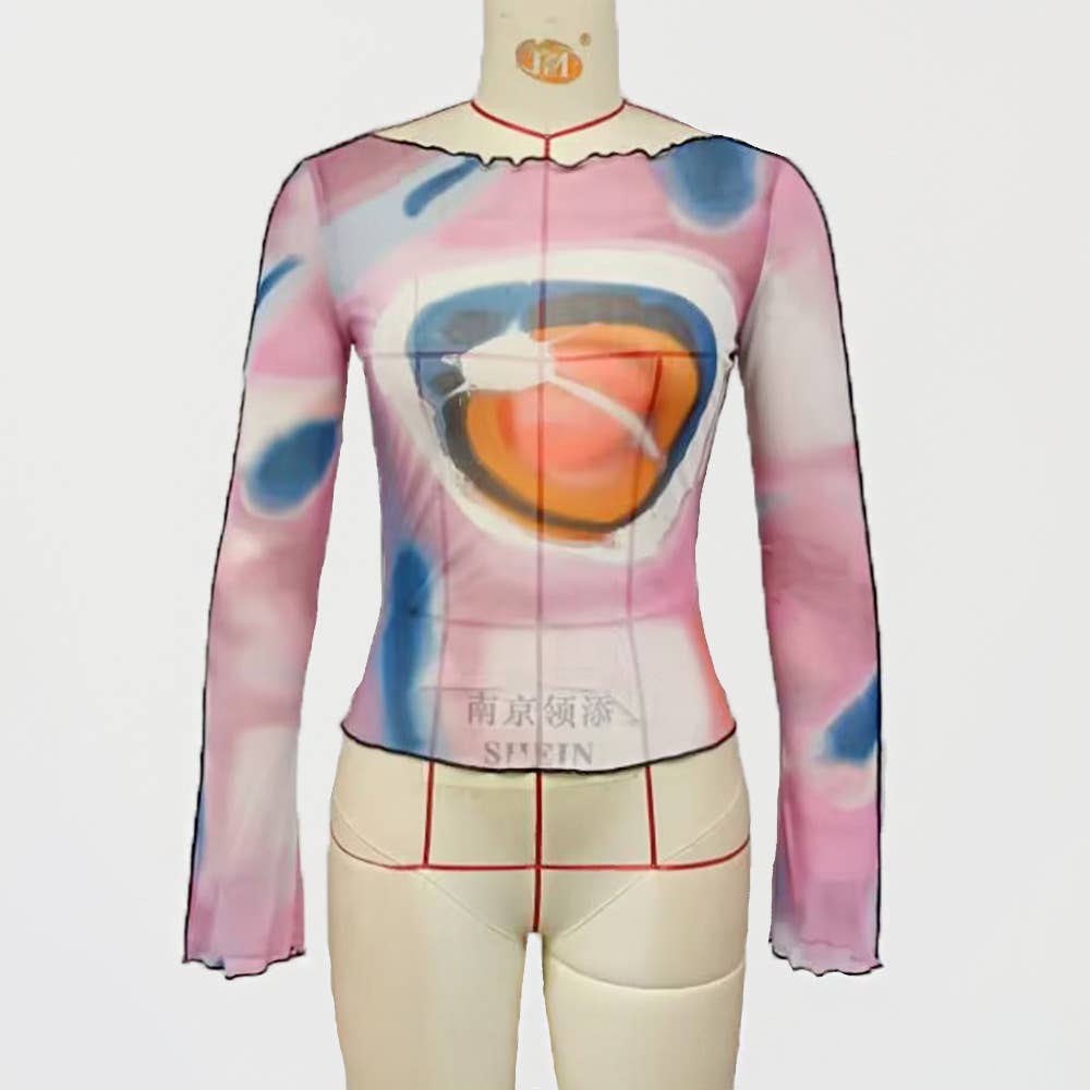 Sexy printed T-shirt with wooden hem neckline