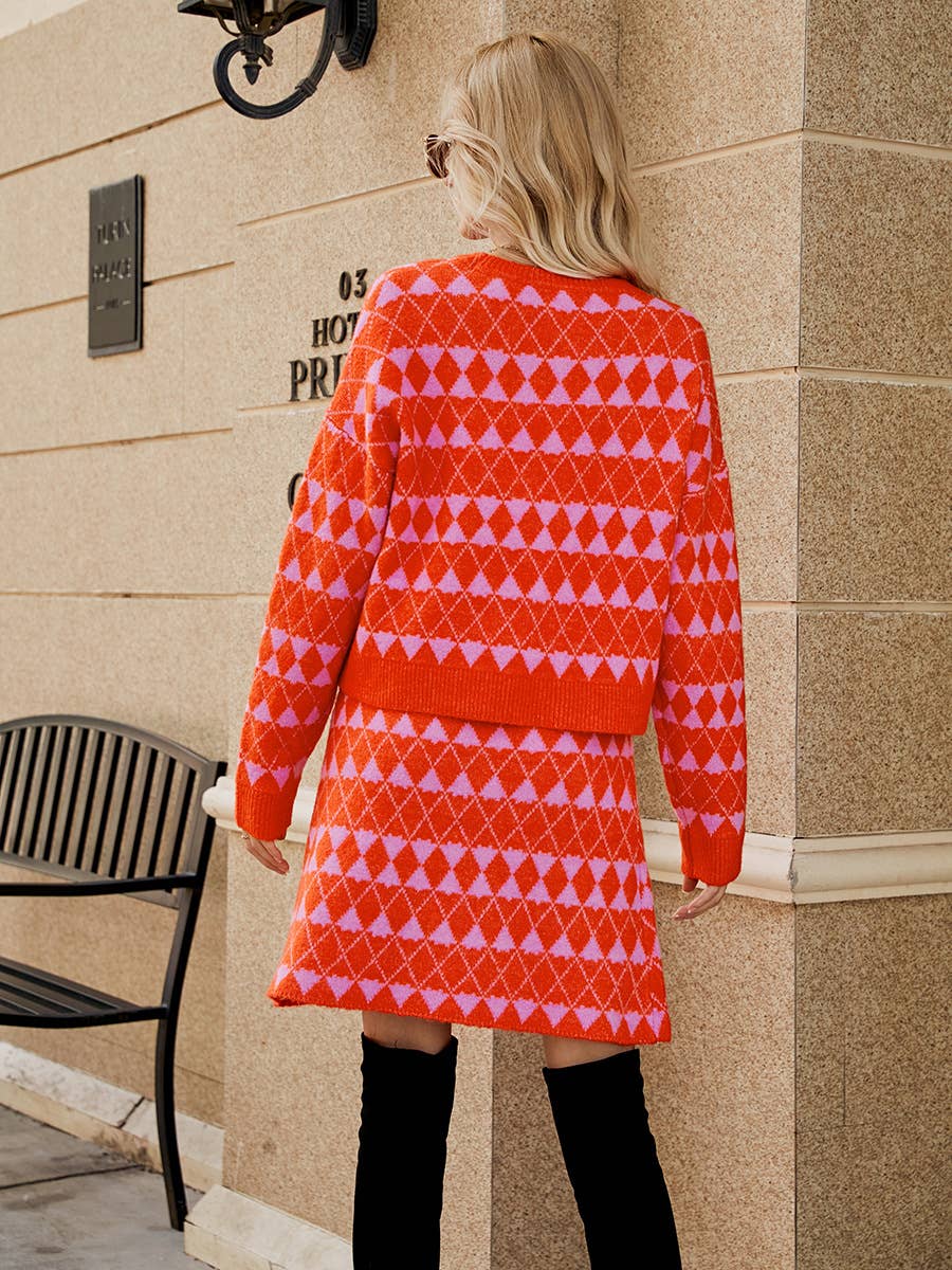 V-neck cardigan knit skirt two-piece set
