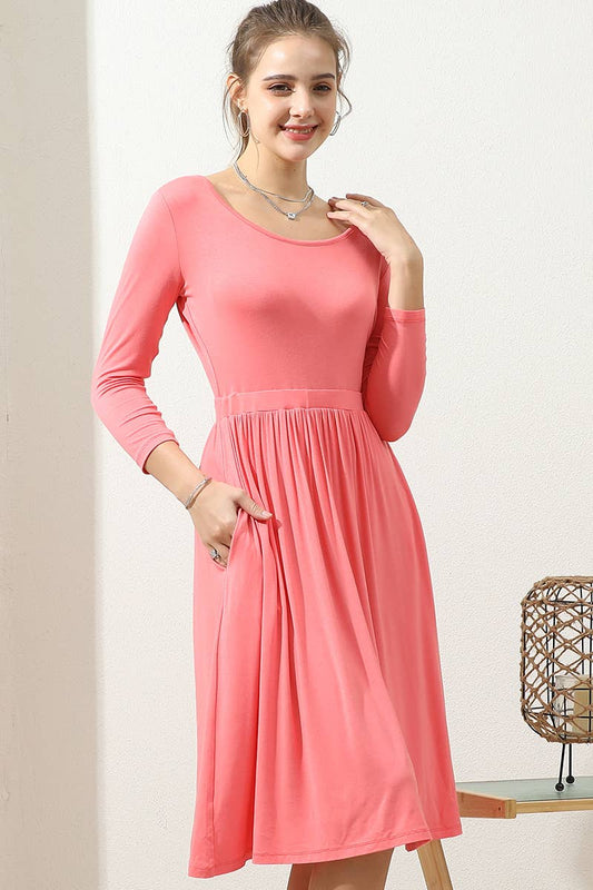 CWDMD809_U NECK A LINE WAIST BANDED SWING KNEE LENGTH DRESS