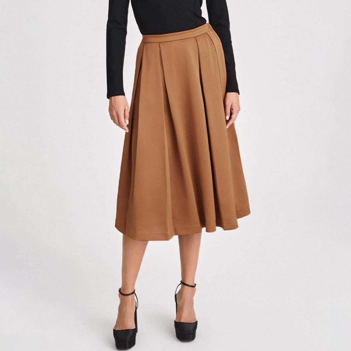 PLEATED SKIRT HIGH WAIST ZIPPER LONGSKIRTMIDISKIRT_CWBSS0419