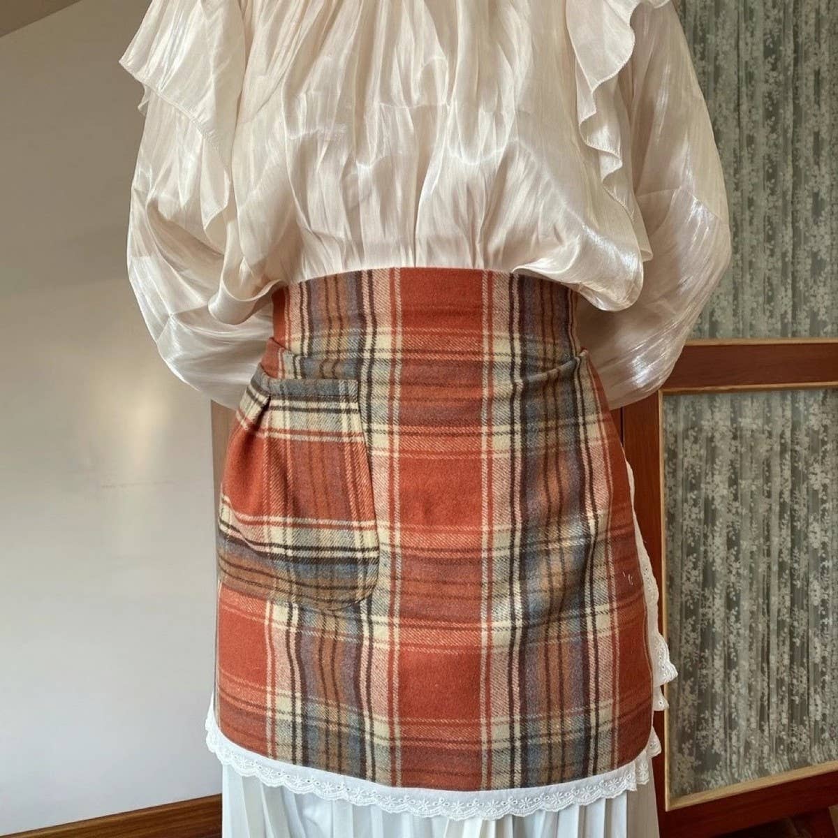 PLAID HALF-LENGTH COTTON LACE APRON_CWMM5837