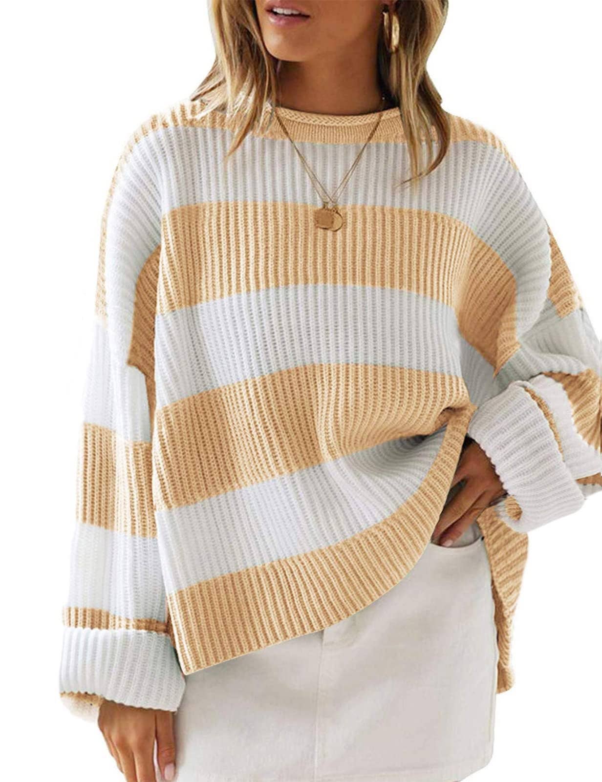 Temperament crew-neck long sleeve color striped sweater