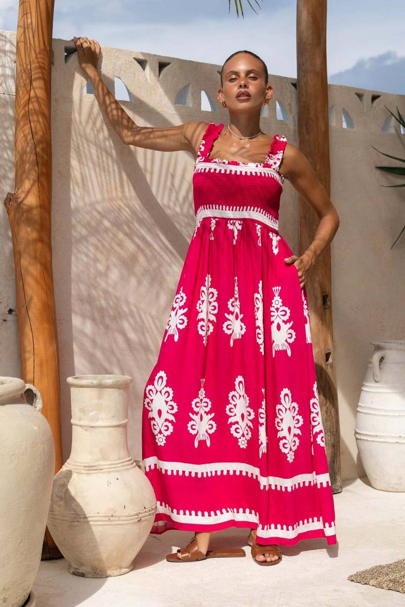 CWDHL1076_SUMMER RESORT STYLE PRINTED SUSPENDER BEACH DRESS