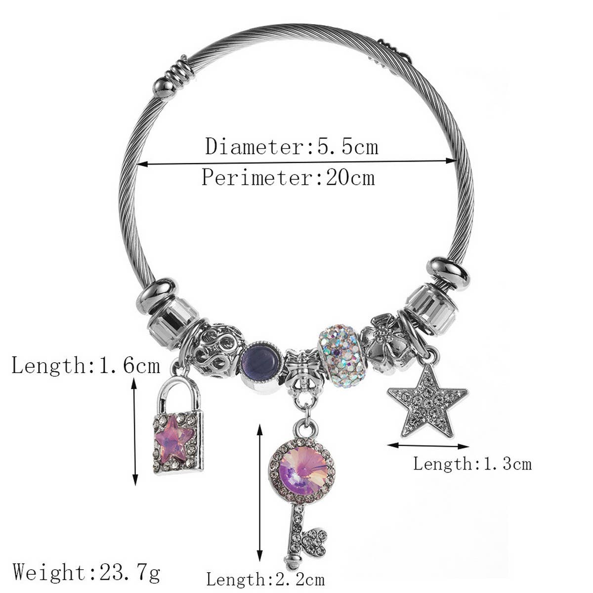 Lock & Key Charm Adjustable Steel Bracelet