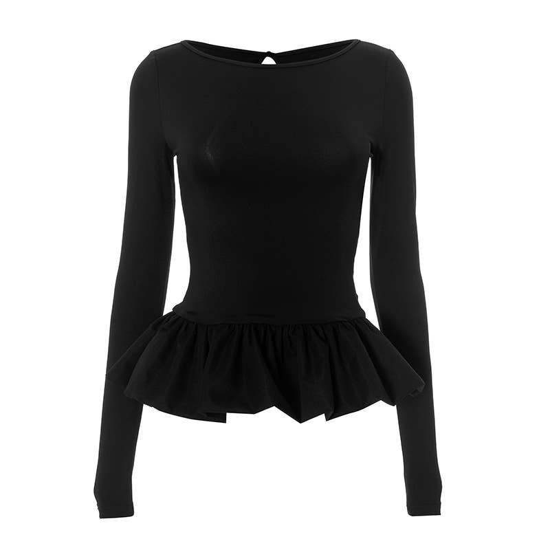 SOLID COLOR CREW NECK PATCHWORK LONG SLEEVE TOP