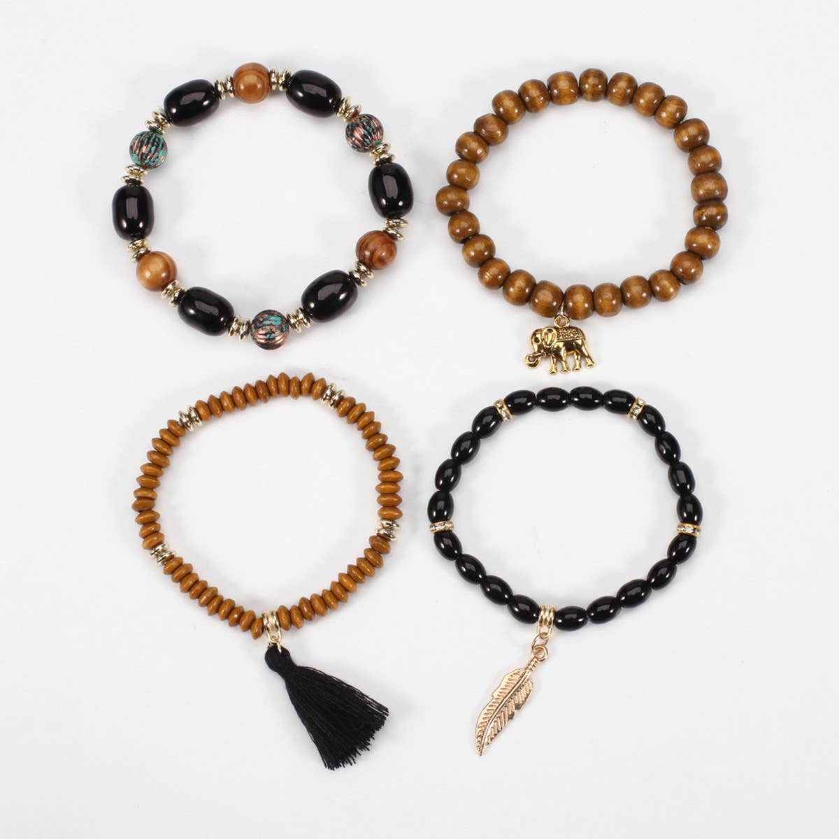 LEAF ELEPHANT TASSEL PENDANT WOODEN BEAD BRACELET_CWAJE2221