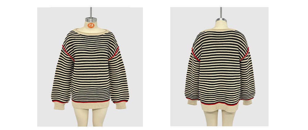 Striped knitted round-neck long-sleeved sweater