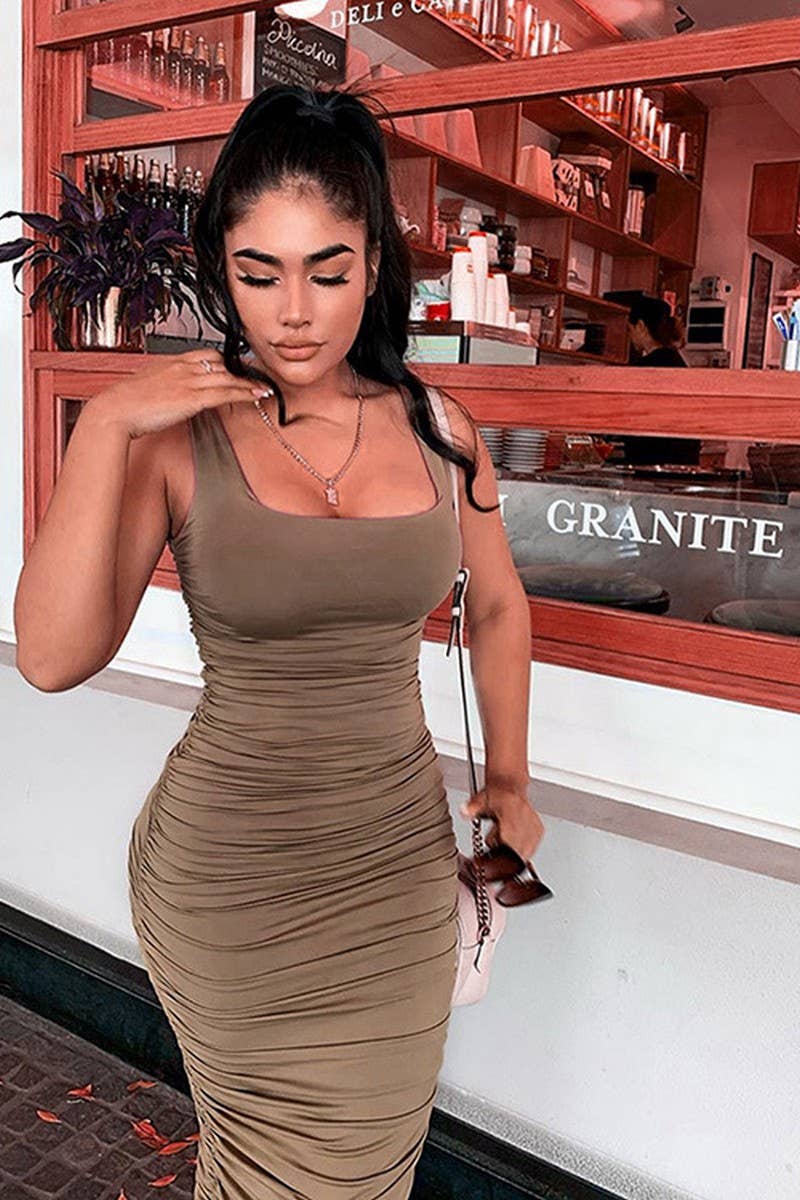 CWDMD4908_BODYCON HALTERNECK SLEEVELESS SHIRRED DRESS